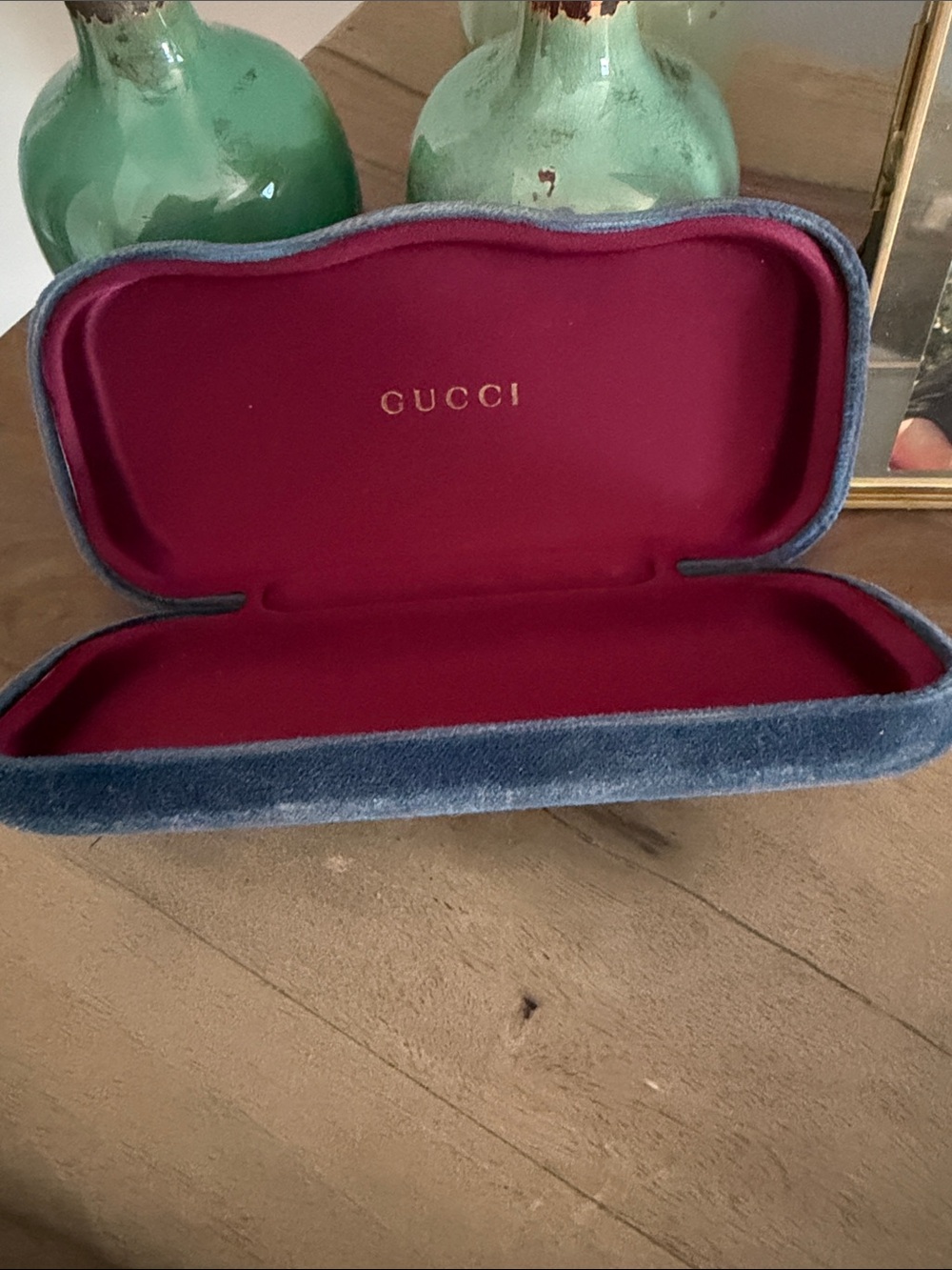 Gucci Velvet Eyewear Case in Blue Exterior with Burgundy Interior